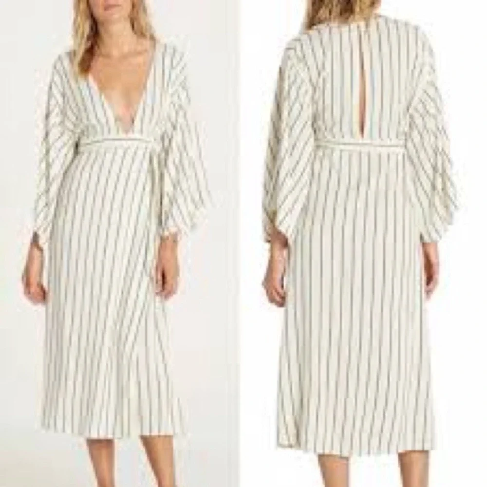 Billabong Striped Midi Wrap Dress Bell Sleeves V Neck Tie Waist Beach Vacation - Picture 1 of 14